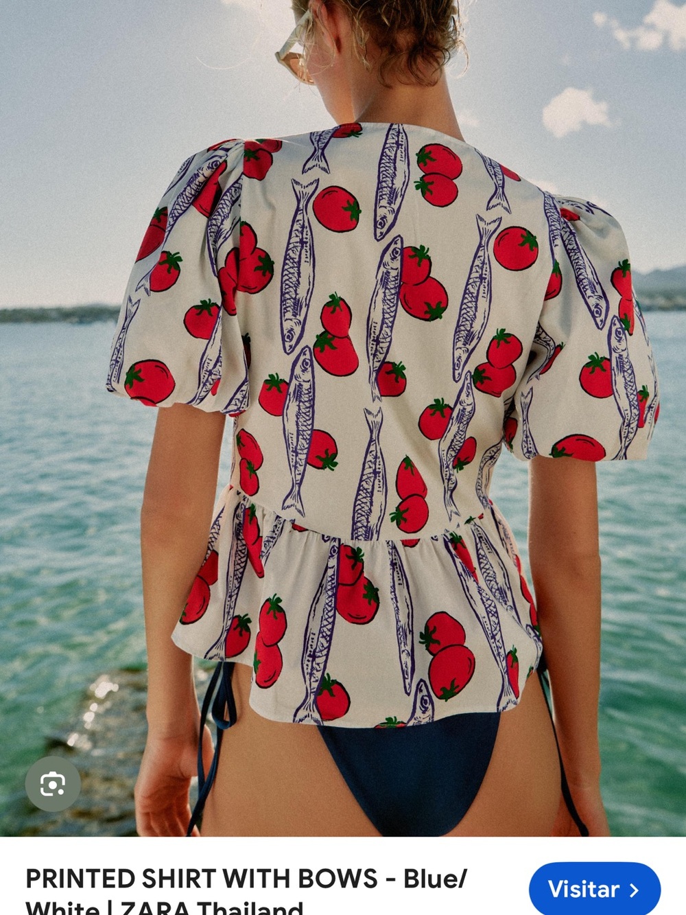 ZARA White Top with Red & Blue Print Tie-Front - Picture 3 of 7